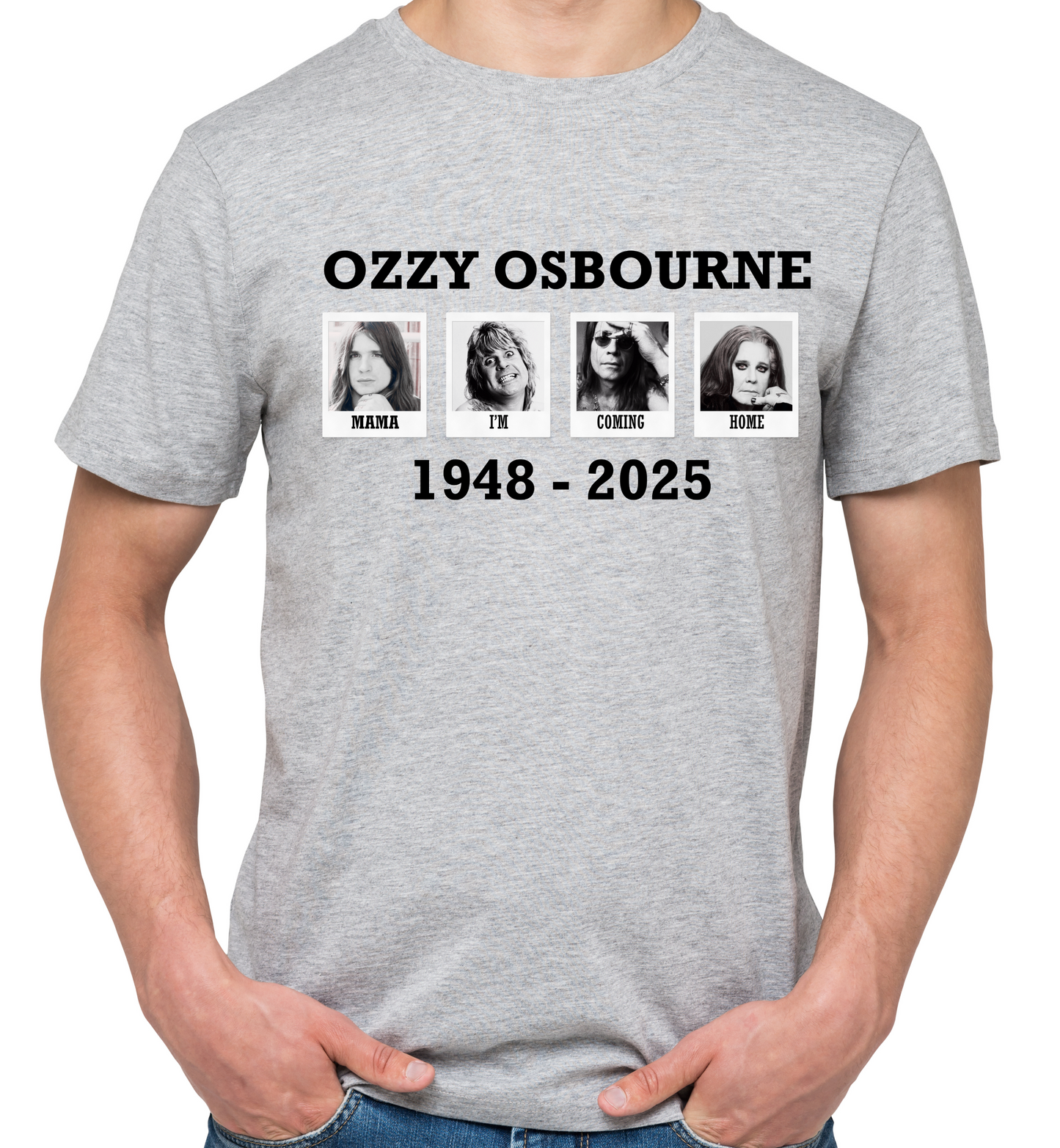 Gray t-shirt with Ozzy Osbourne design featuring images and text on a white background