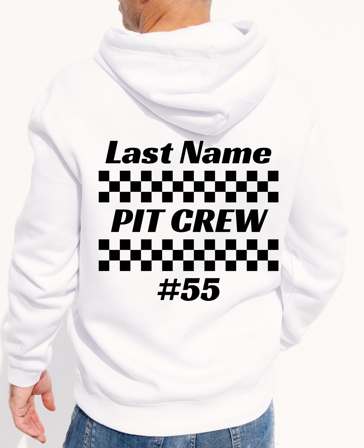 Pit Crew Hoodie Back with last name, pit crew and racer number.