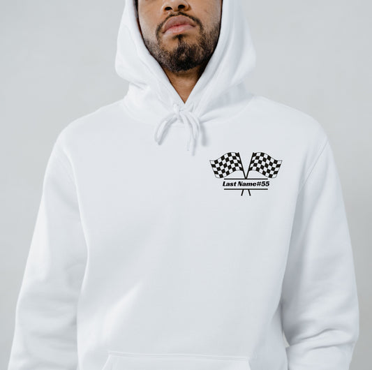 Pit Crew Hoodie front white with racing flags in top left hand corner