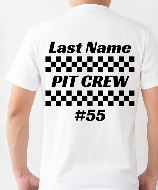 Pit Crew Tee and Tank - back white with customizable last name and number