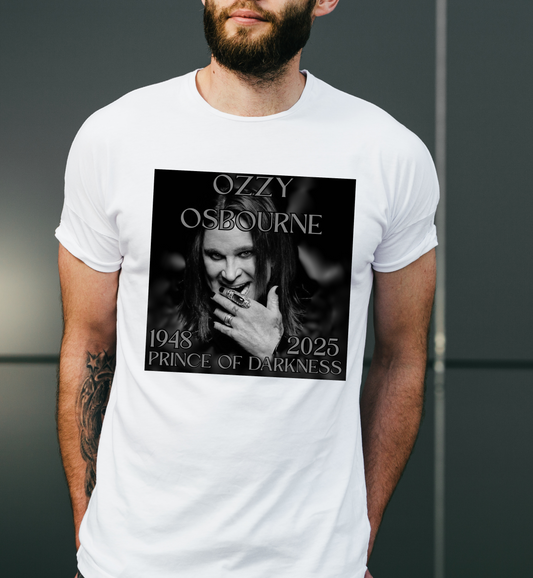 Person wearing a white t-shirt with Ozzy Osbourne graphic and text.