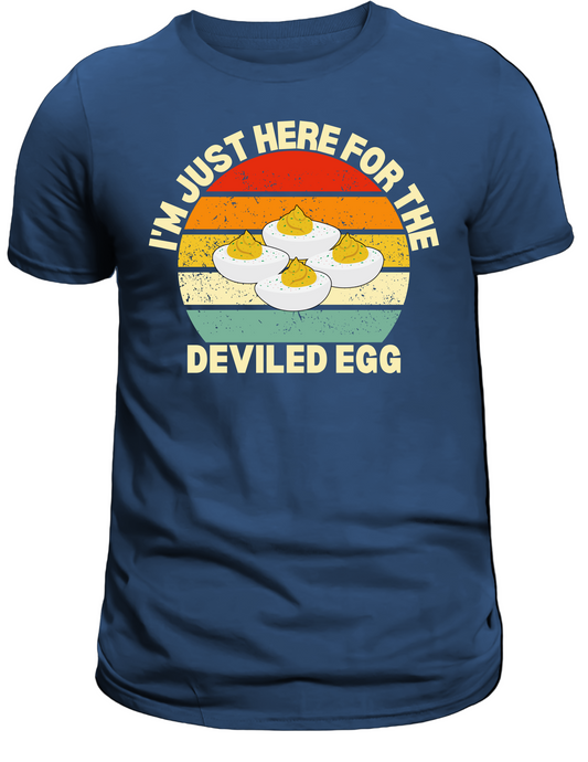 Blue t-shirt with deviled egg graphic and text on a white background