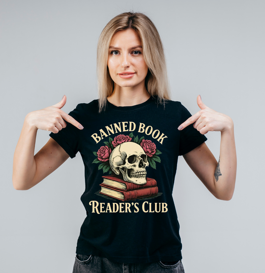 Woman wearing a black t-shirt with a skull and books design and 'Banned Book Reader's Club' text.