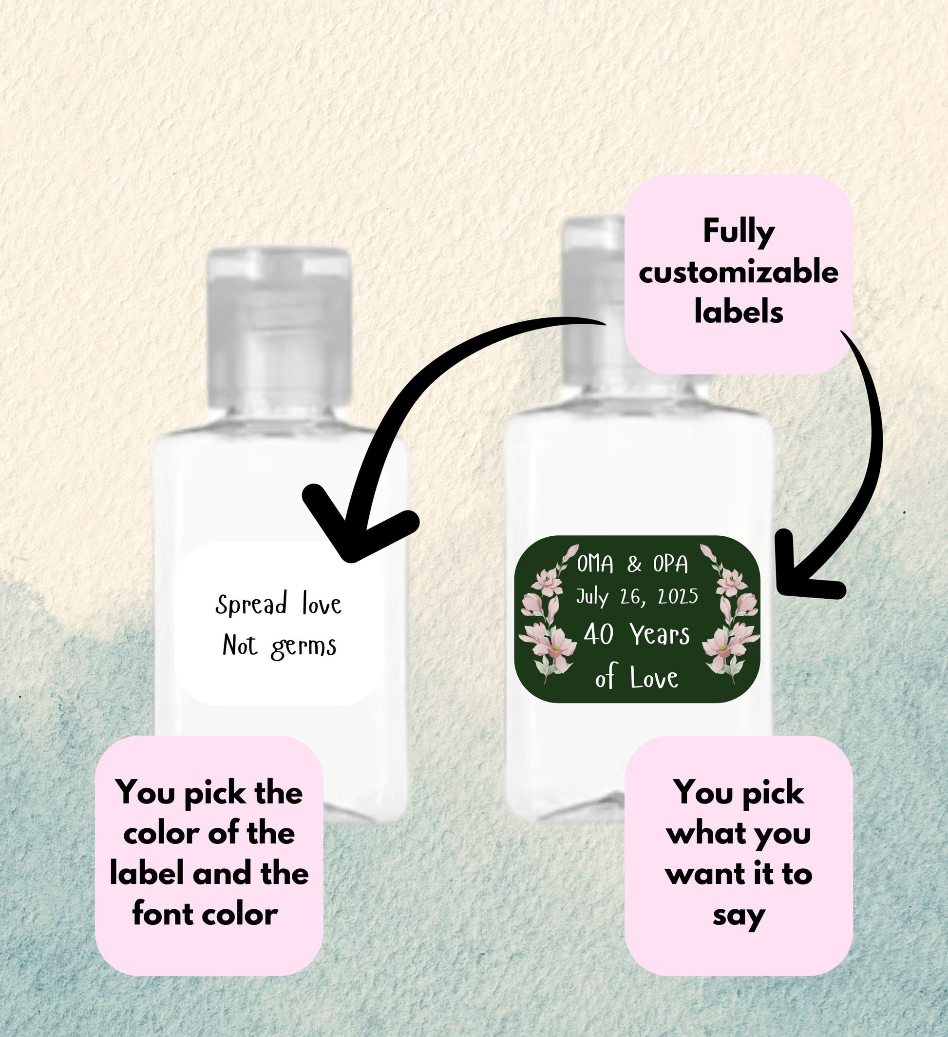two hand sanitizers travel sized with labels. 