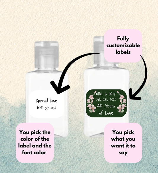 two hand sanitizers travel sized with labels. 