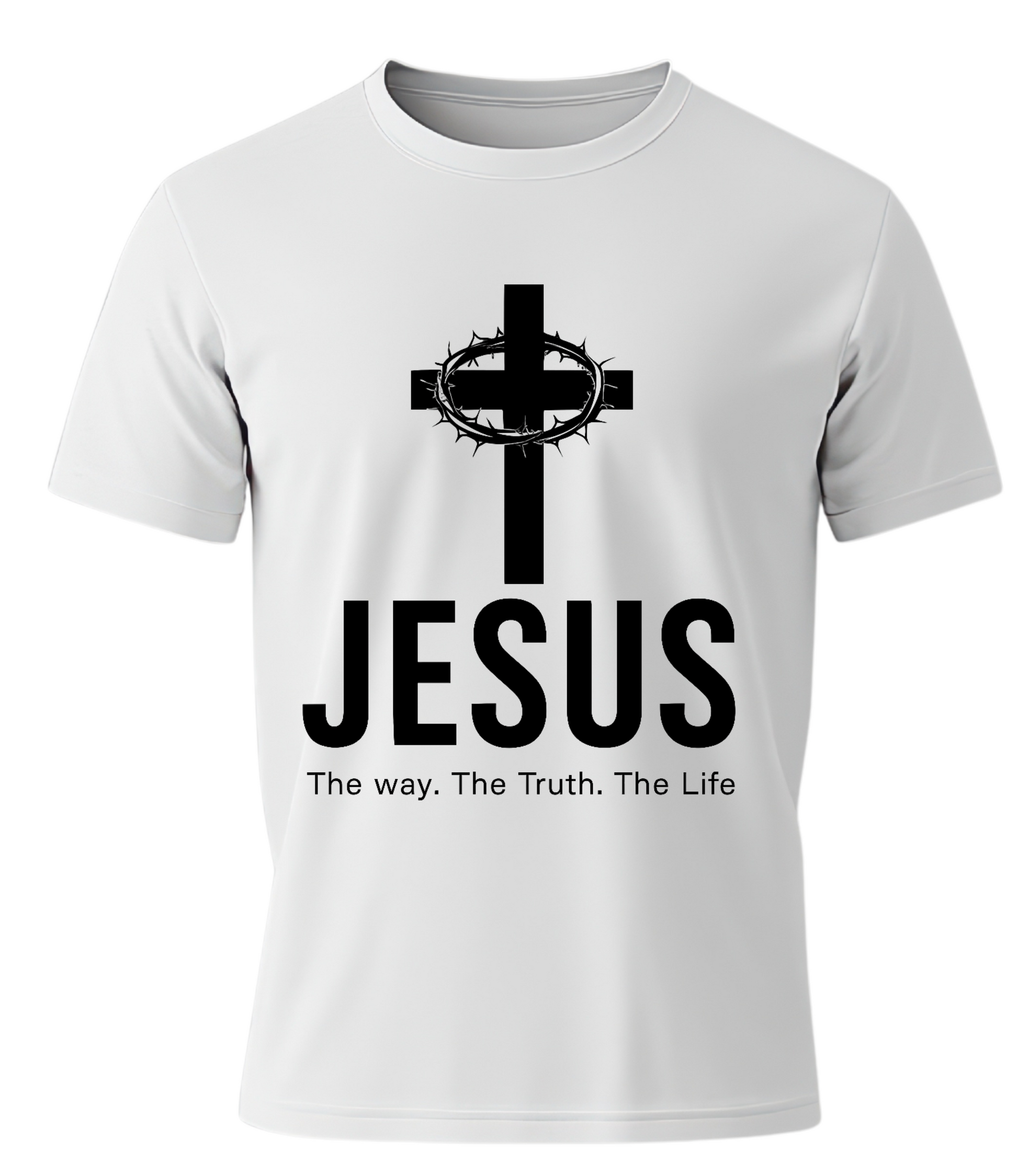 White t-shirt with black cross and 'Jesus' text on a white background