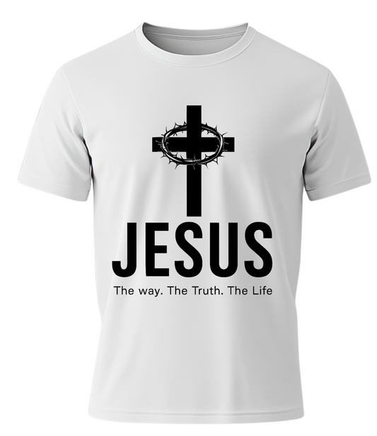 White t-shirt with black cross and 'Jesus' text on a white background