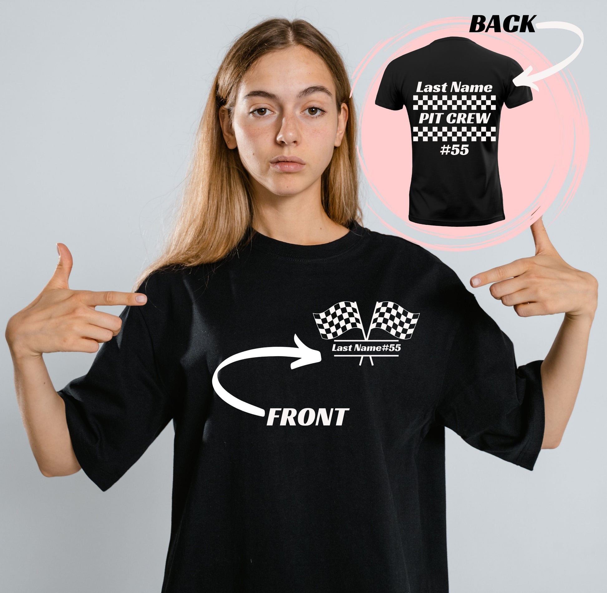 customizable pit crew tee and tank - black with winning flags for a race 