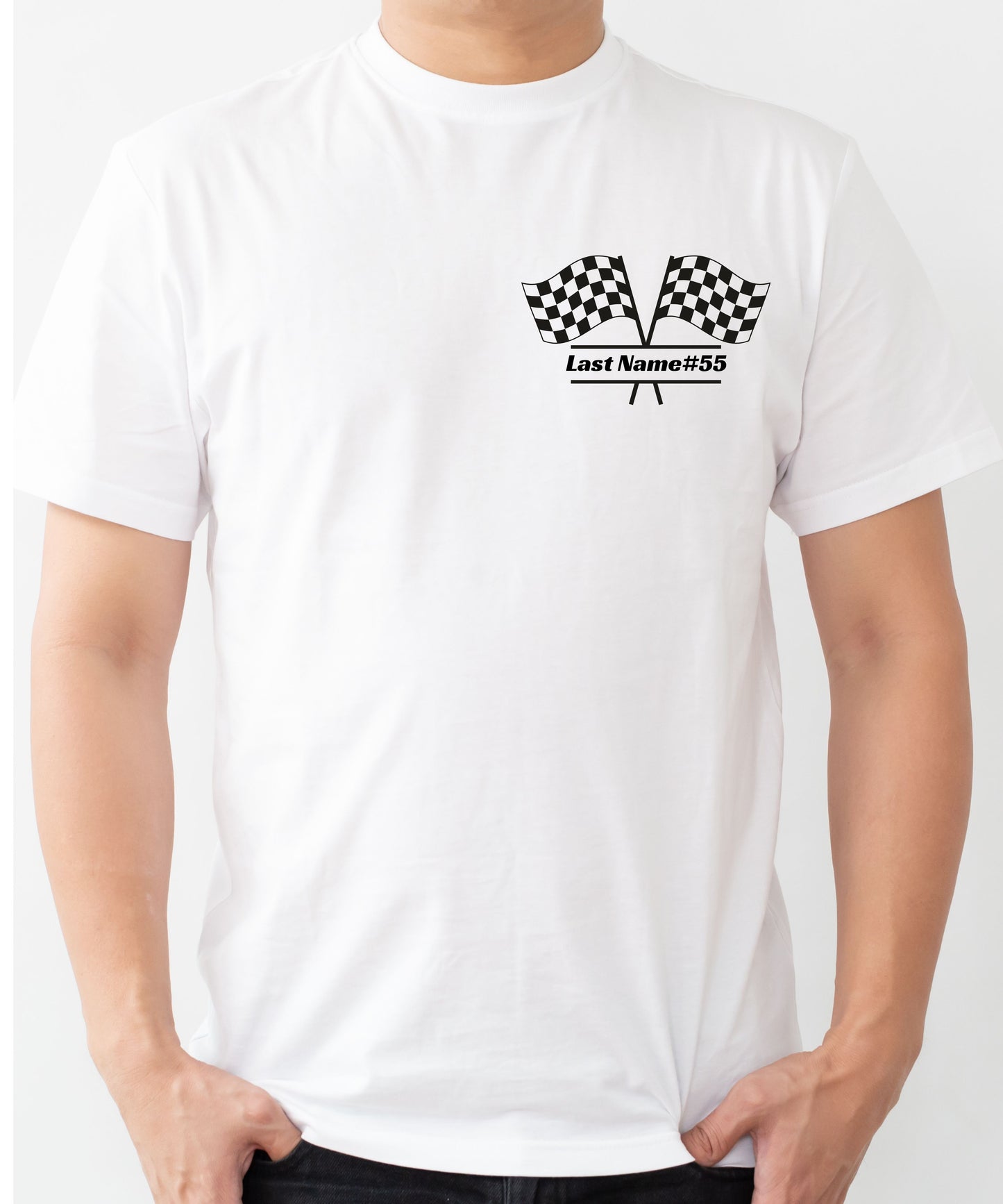 Pit crew tee or tank front with a design in the top left corner with racing flags, racers last name and race number. 