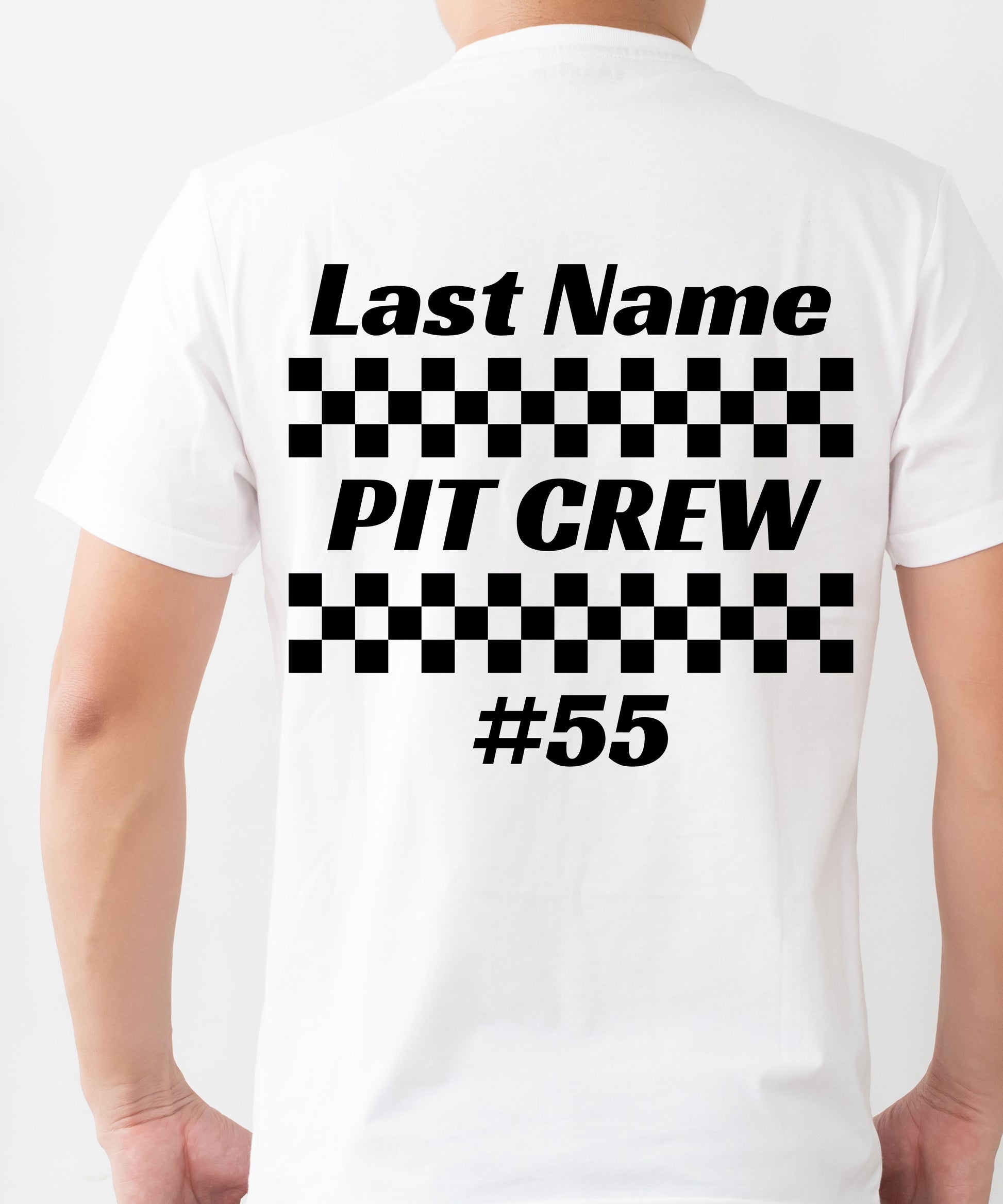Pit Crew Tee and Tank - back white with customizable last name and number