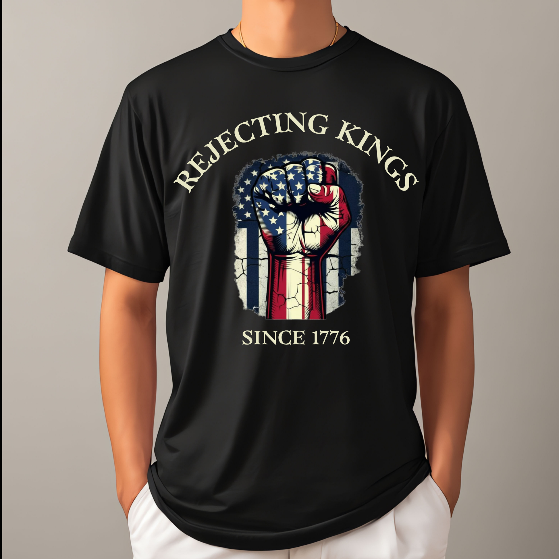 Black t-shirt with graphic design and text on a gray background