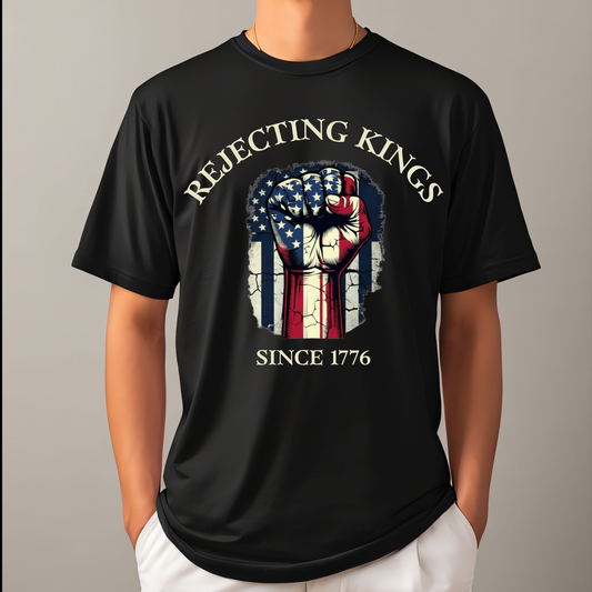 Black t-shirt with graphic design and text on a gray background