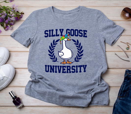 Grey Shirt with goose on front and a jester hat 