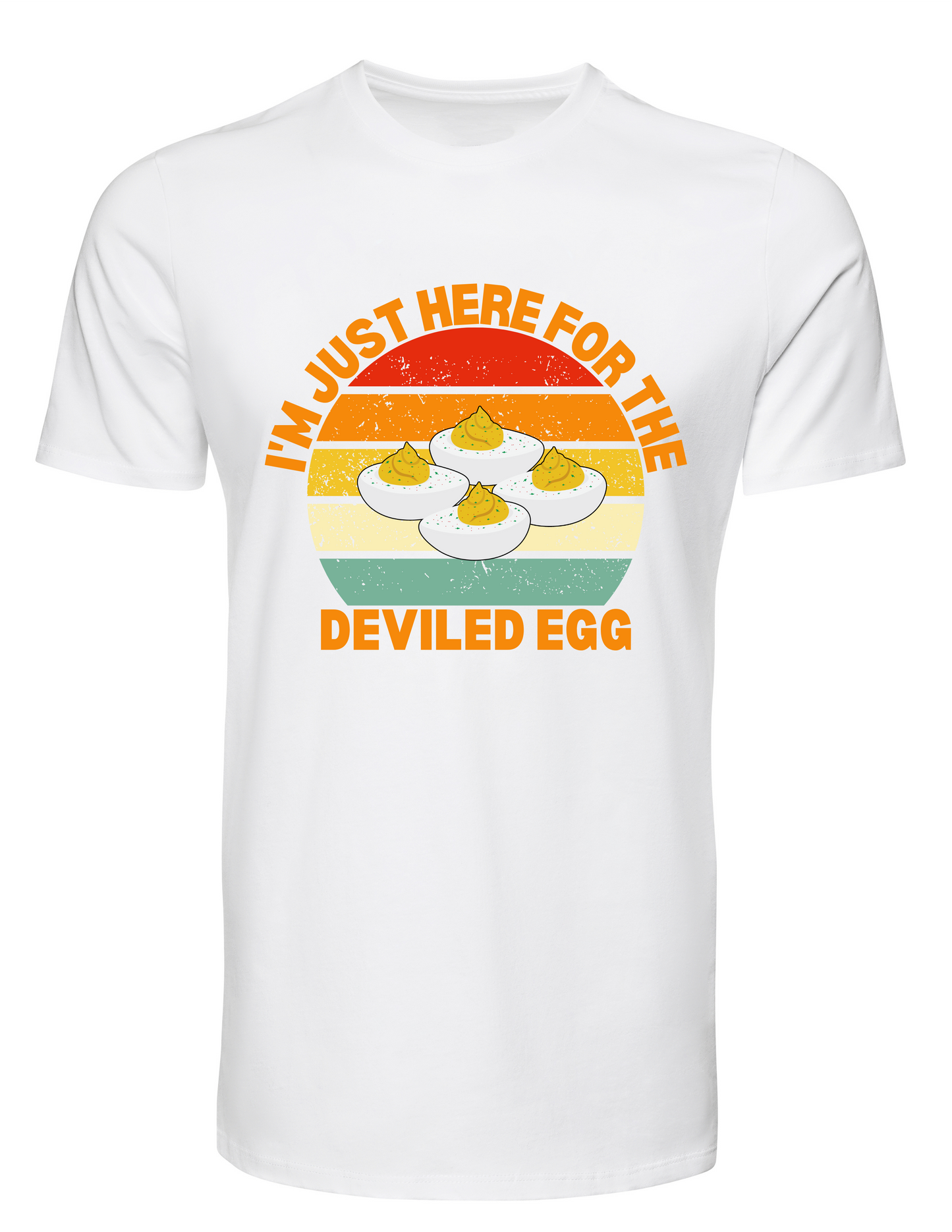 White t-shirt with a graphic of deviled eggs and text on a white background