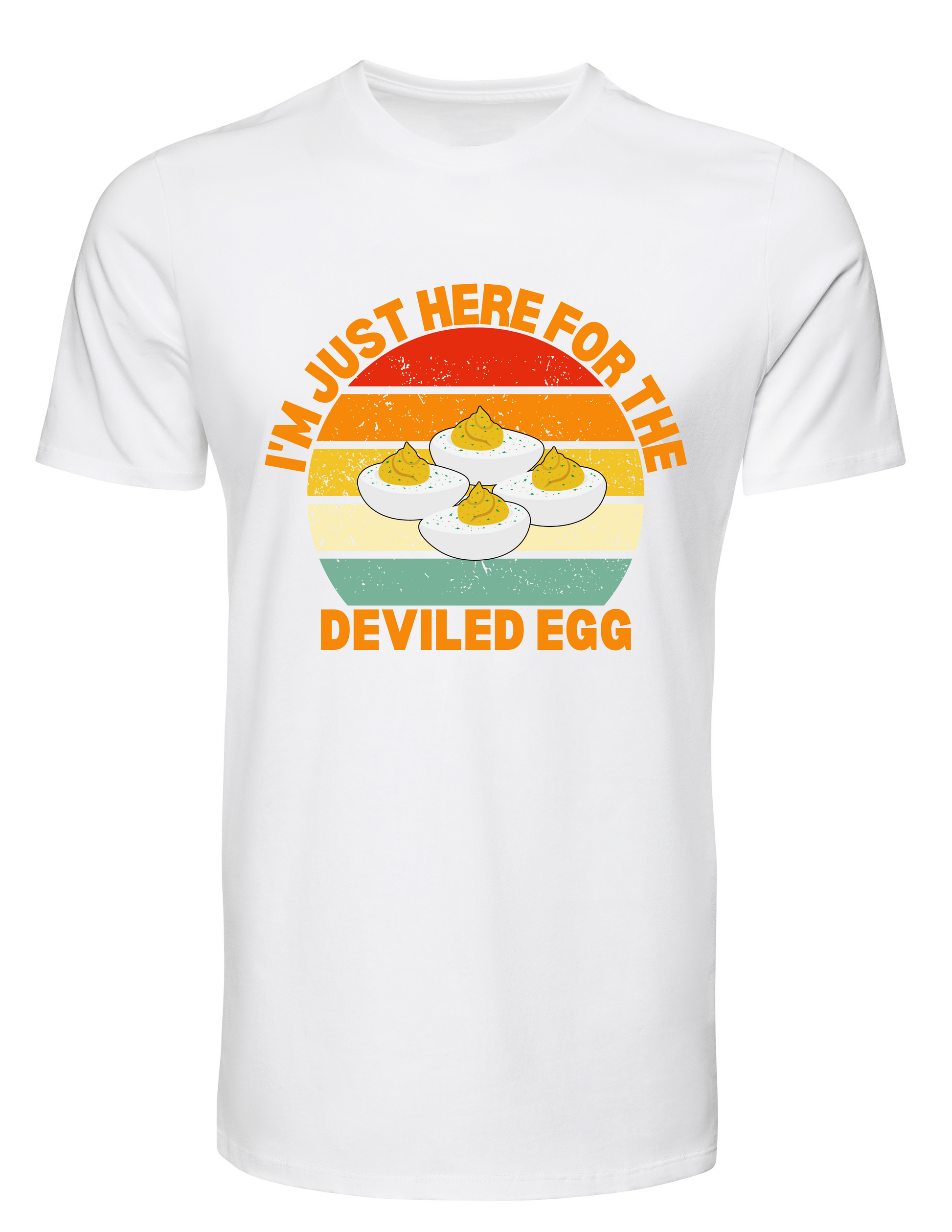 White t-shirt with a graphic of deviled eggs and text on a white background
