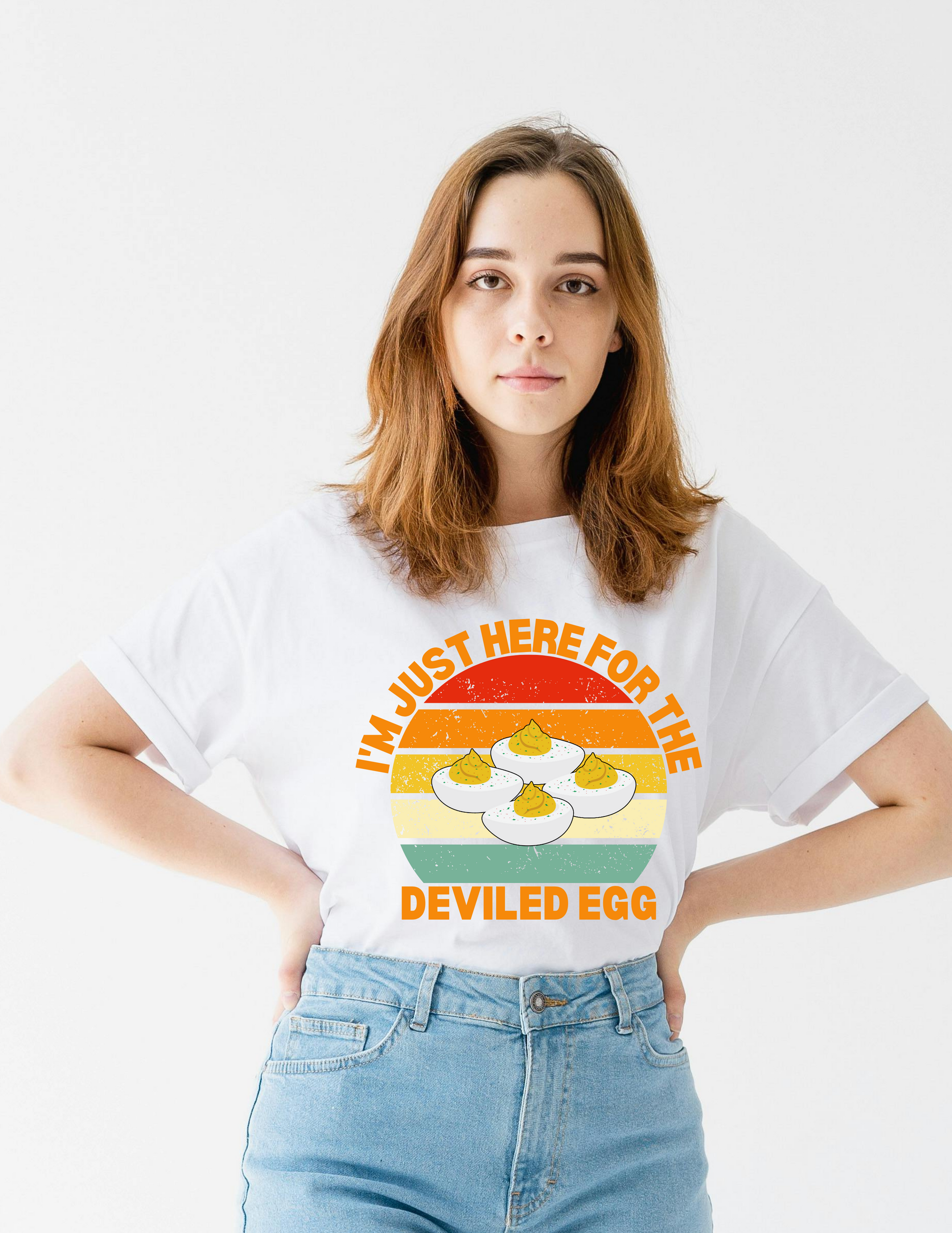 Person wearing a white t-shirt with a graphic and text on a white background