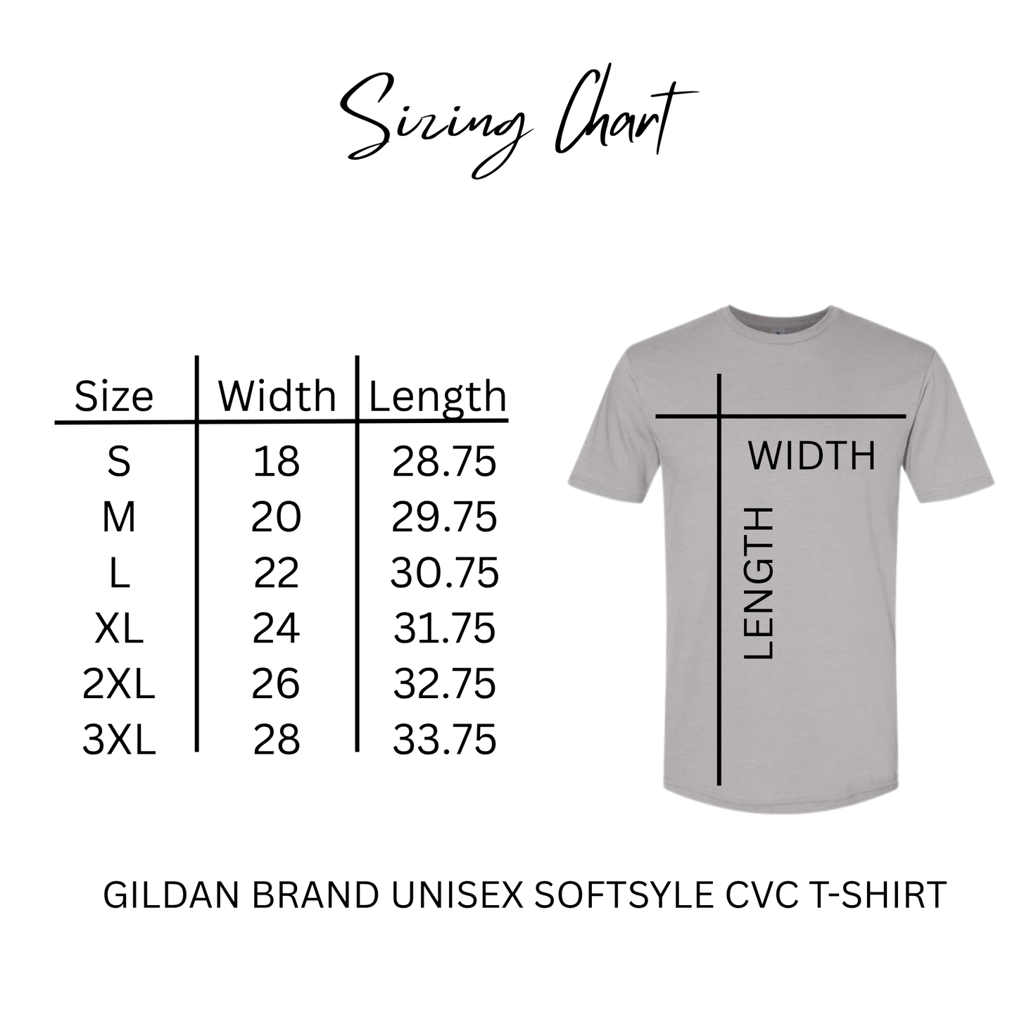 Sizing chart for Gildan brand unisex softstyle CVC t-shirt with measurements.