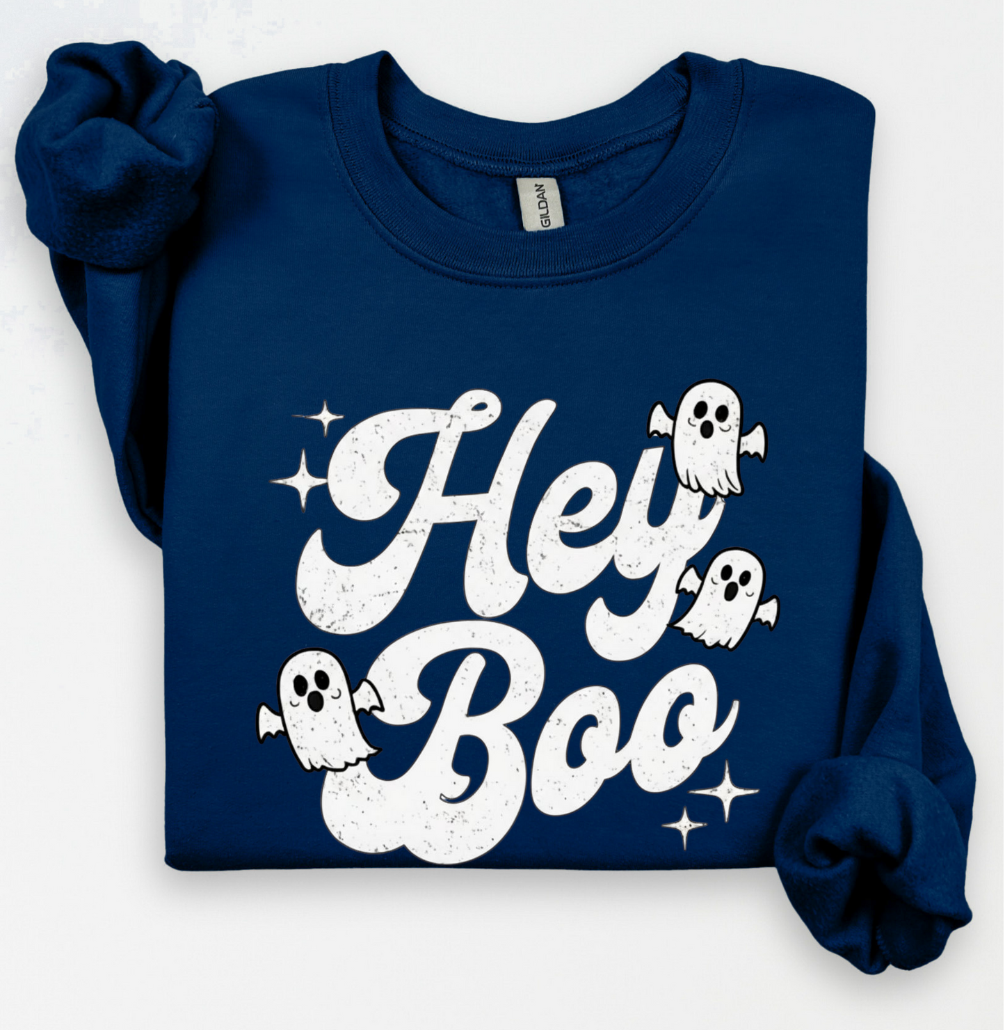 Vintage Hey Boo writing with 3 retro flying ghosts with stars