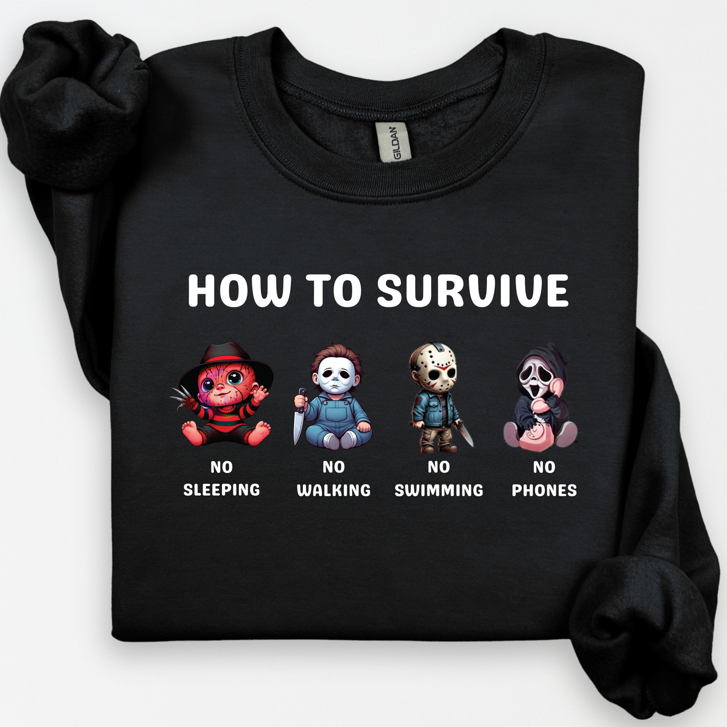 How to Survive the Horror Movies sweater with Freddy Kreuger (No Sleeping), Michael Myers (No Walking), Jason Voorhees (No Swimming) and Ghostface (No Phones). 
