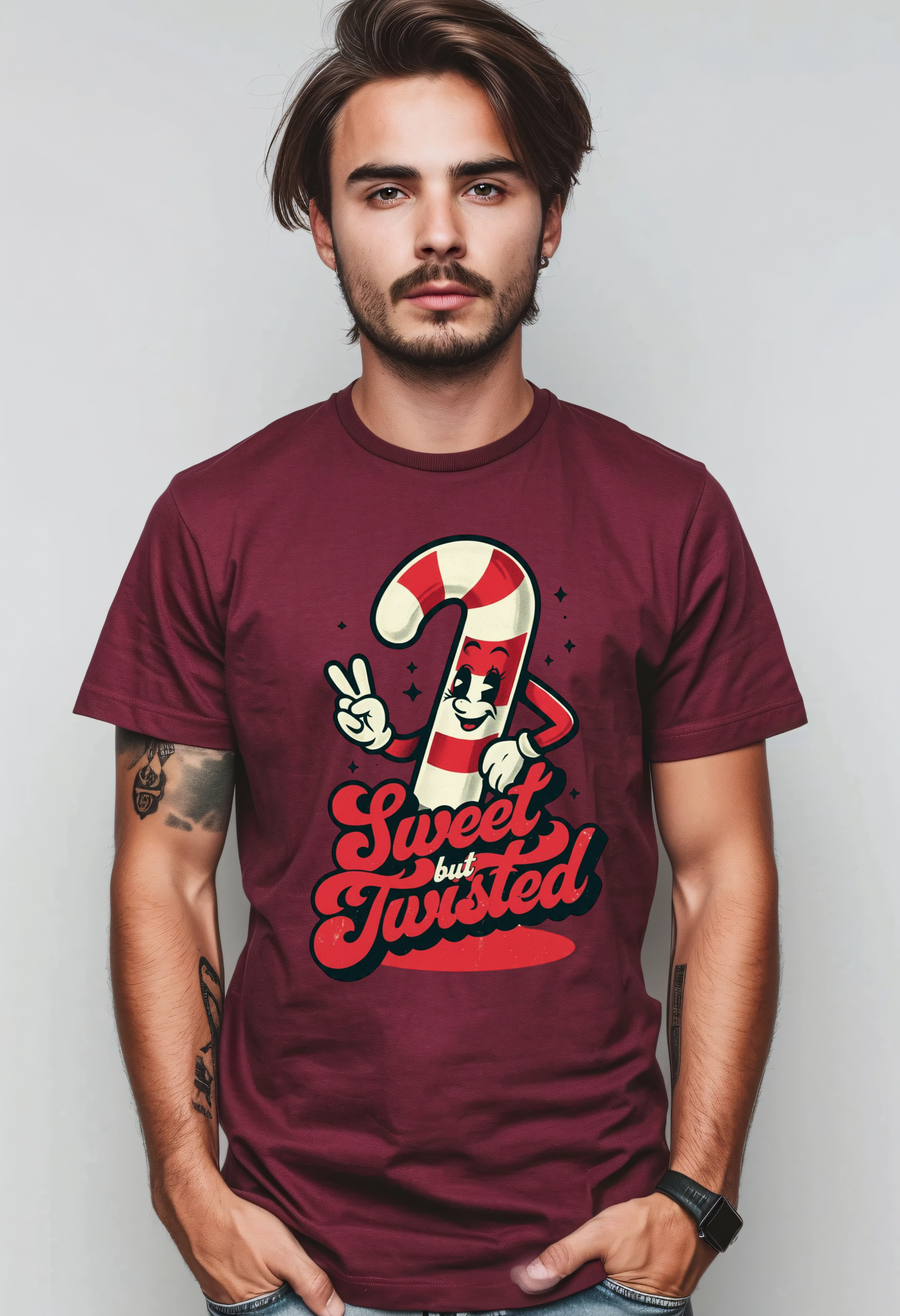 Man wearing a maroon t-shirt with a candy cane graphic design and text on a plain background